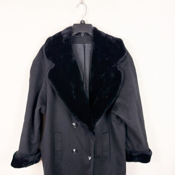 Vintage 80s Peacoat Black Wool Faux Fur Long Coat Womans Large Double Breasted - Picture 2 of 6